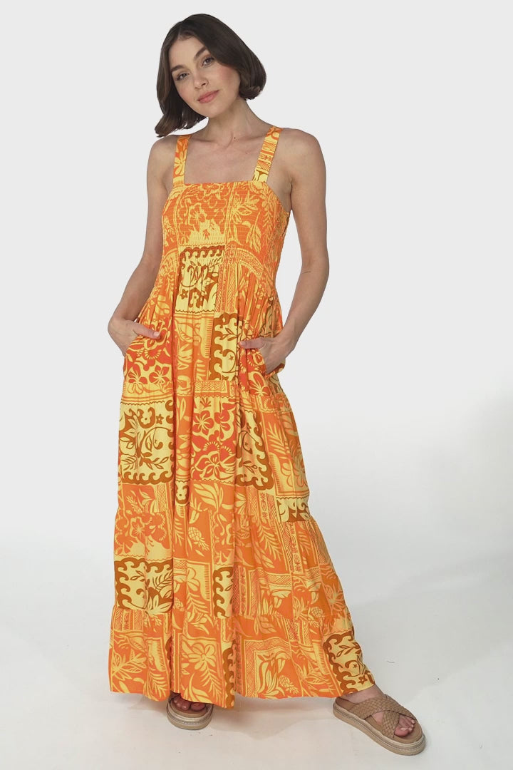 Loretta Maxi Dress - Elasticated Bodice Sun Dress in Kaleah Print Yellow