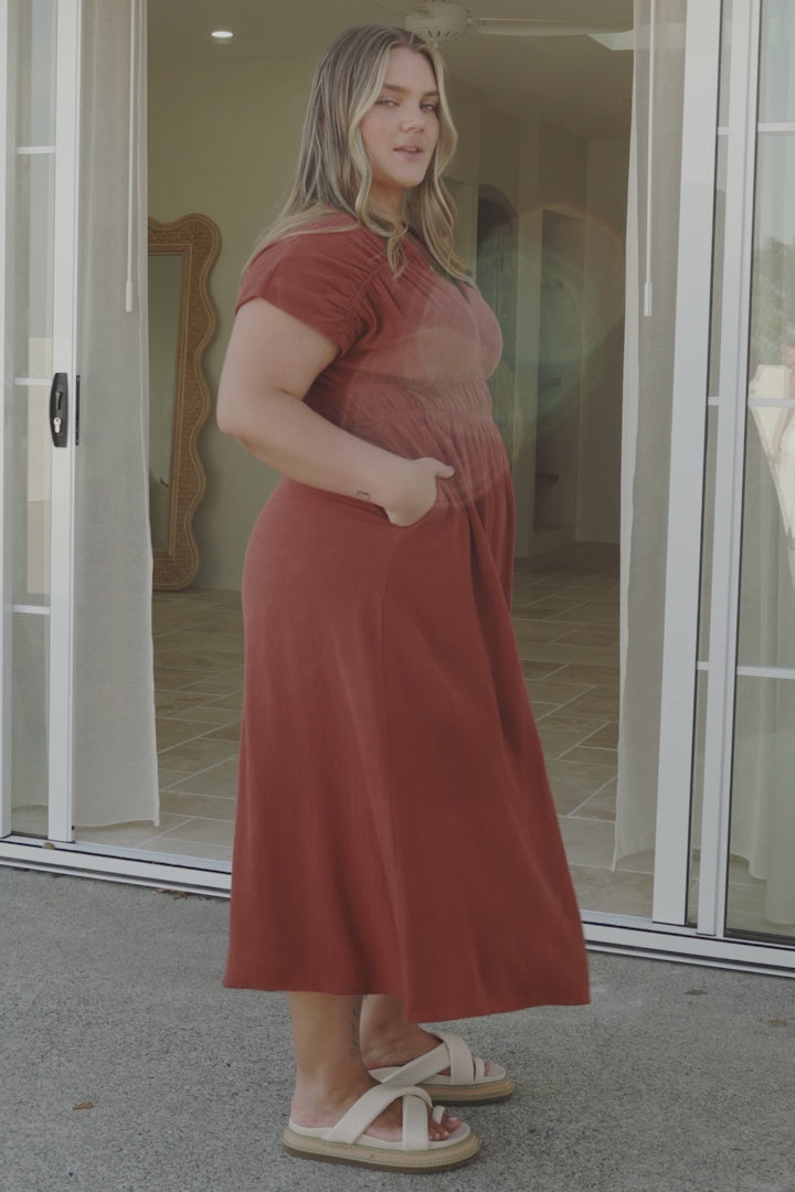 Torin Midi Dress - Gathered and Piping Detailed A-Line Dress with a V-Neckline in Rust