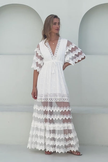 JAASE - Bungalow Maxi Dress: Embroidered Lace Deep V Neck Dress with Open Batwing Sleeves in White