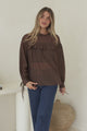 Evelyne Blouse - Frill Detailed Sheer Blouse with Balloon Sleeves with Tie Detail in Chocolate