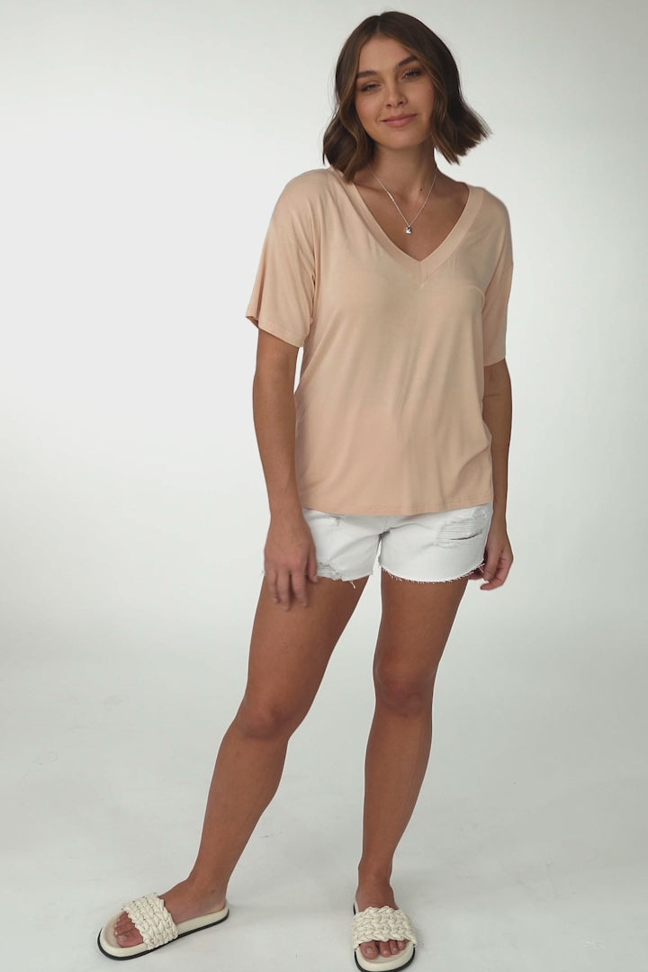 Madi T-Shirt - V Neck Short Sleeve Stretchy Tee in Beige