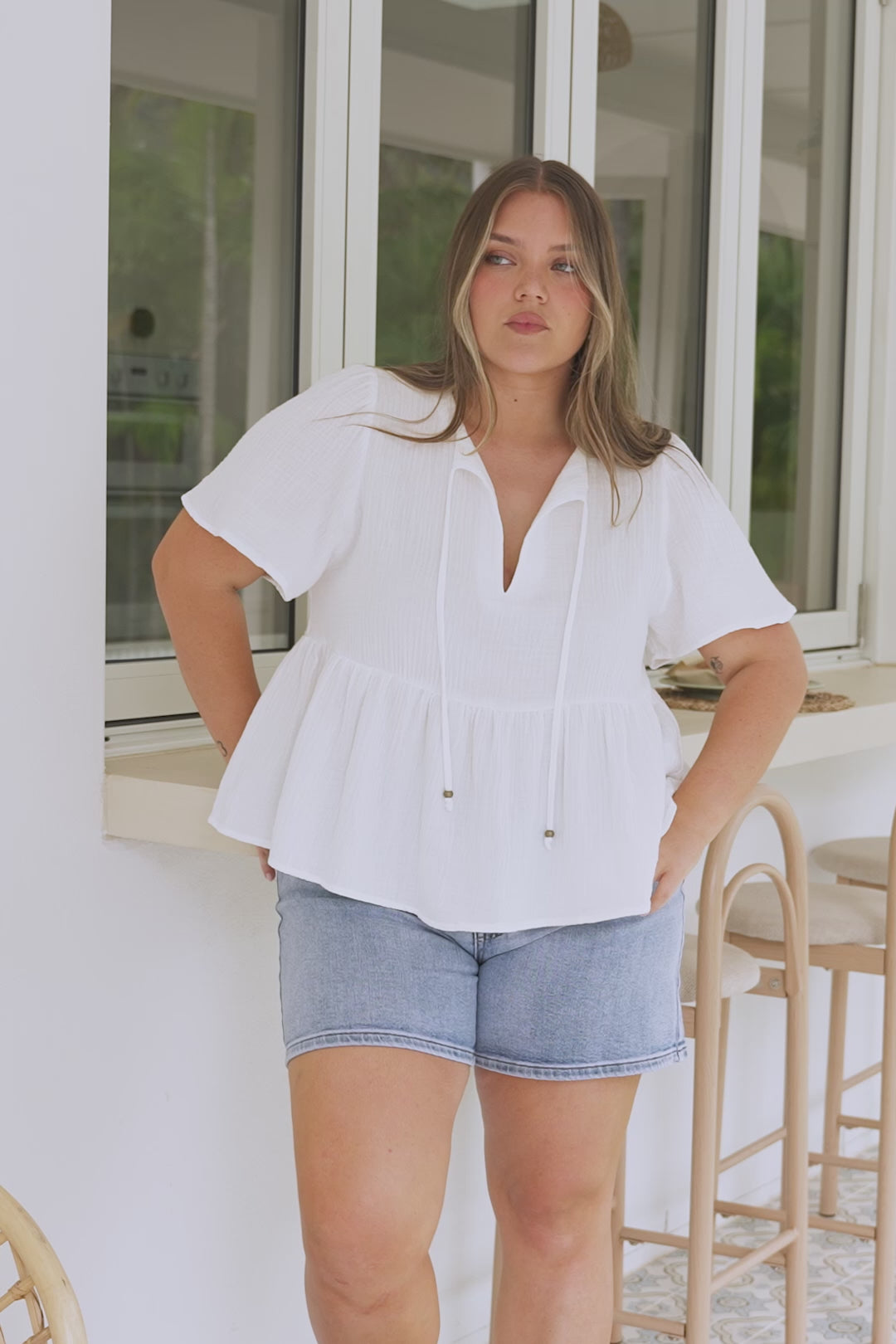 Bellina Top - Split Tie Neckline Babydoll Top with Short Sleeves in White