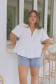 Bellina Top - Split Tie Neckline Babydoll Top with Short Sleeves in White