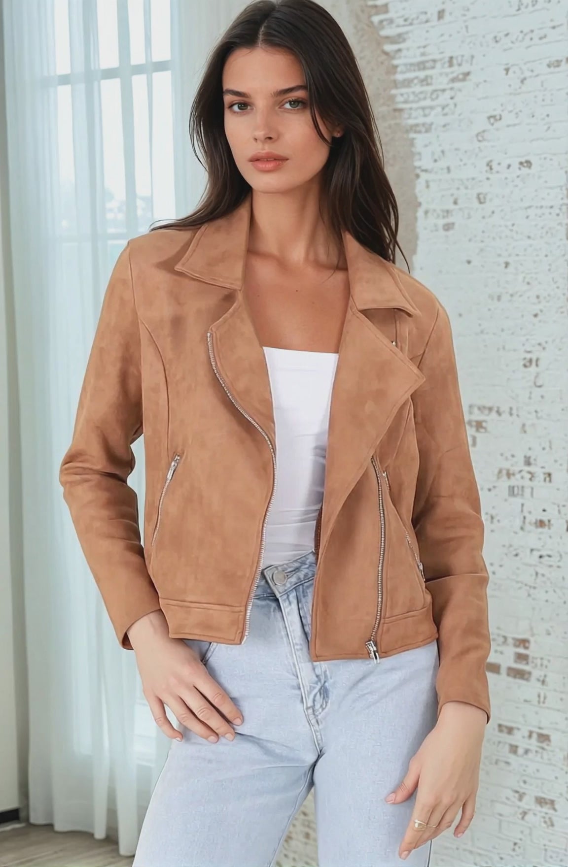 Oakley Jacket - Faux Suede Biker Jacket in Tan