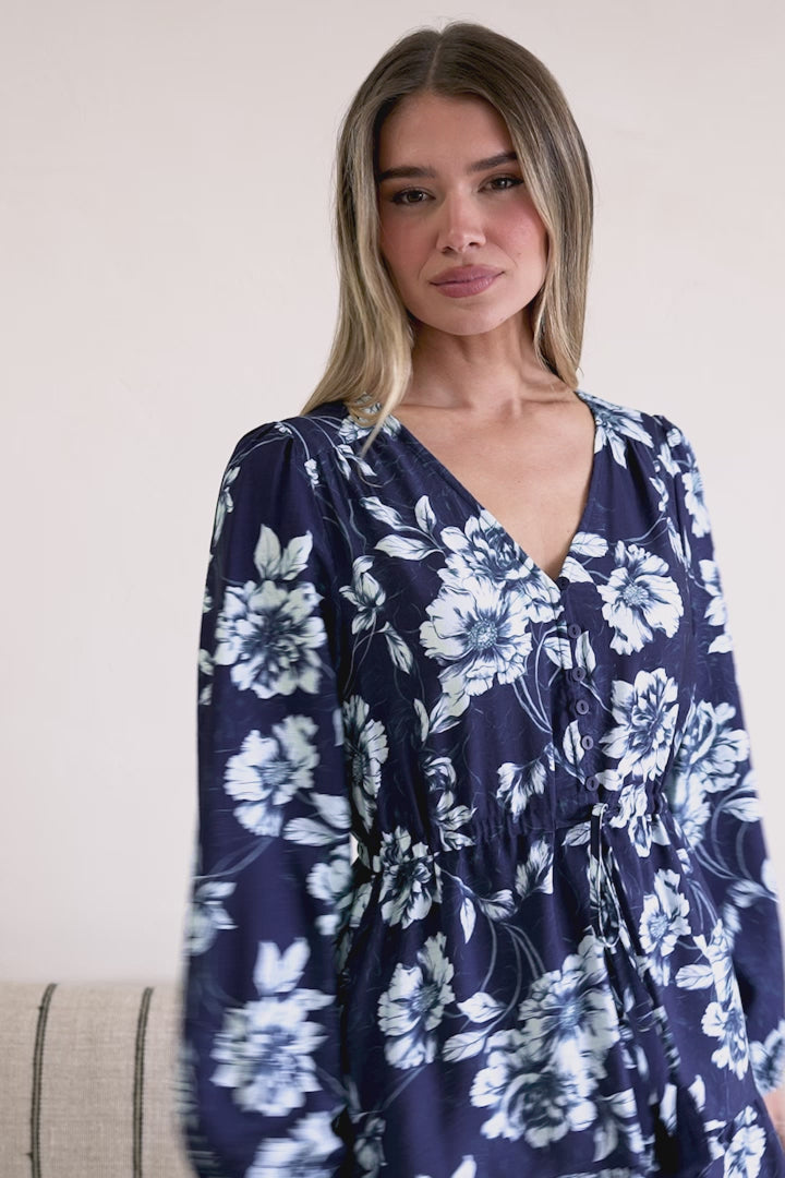 Villia Mini Dress - V Neck Buttoned Bodice Dress with Pull Tie Waist and Pockets in Minka Print Navy
