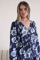 Villia Mini Dress - V Neck Buttoned Bodice Dress with Pull Tie Waist and Pockets in Minka Print Navy