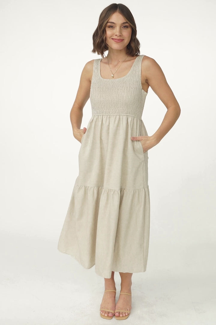 Sarlie Midi Dress - Shirred Bodice Cotton/Linen Blend Tiered Dress in Oat