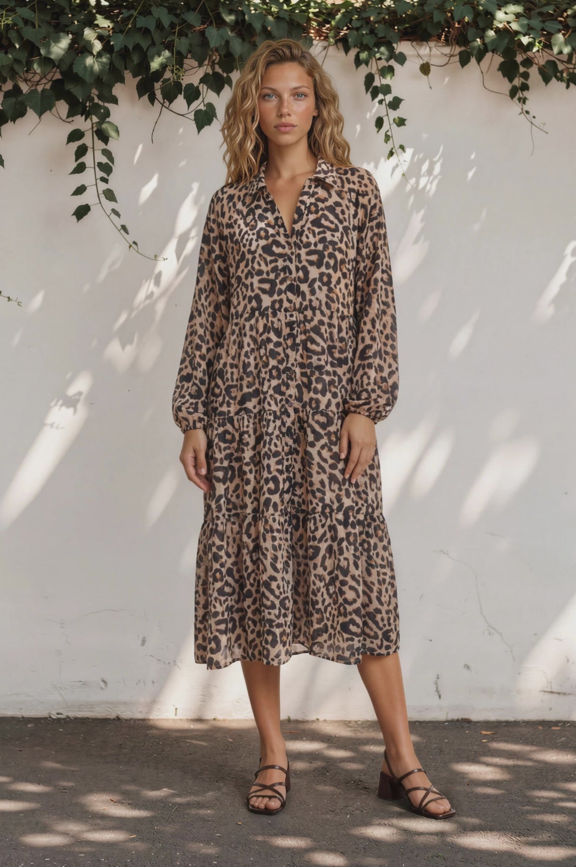 Lexi Midi Dress - Wing Collar Button Down Tiered Smock Dress with Balloon Sleeves in Solaro Print