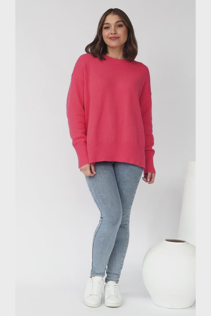 Rita Jumper - Relaxed Crew Neck Knit with Side Splits in Hot Pink