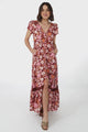 JAASE - Carmen Maxi Dress: Butterfly Cap Sleeve Button Down A Line Dress with Lace Trim in Pixie Print