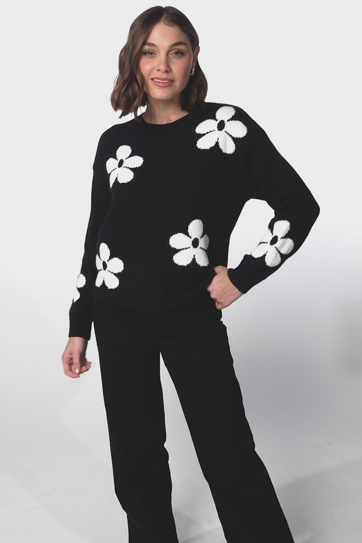 Courtney Jumper - Flower Detail Crew Neck Jumper in Black