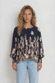Gelina Top - Crew Neck Pleated High Low Pull Over with Balloon Sleeves in Lynsey Print Navy