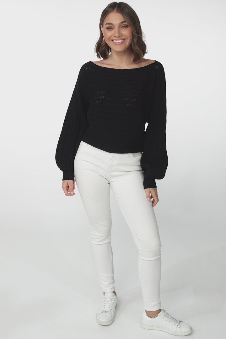 Celina Knit Top - Open Knit Stitch Boat Neckline Top in Black