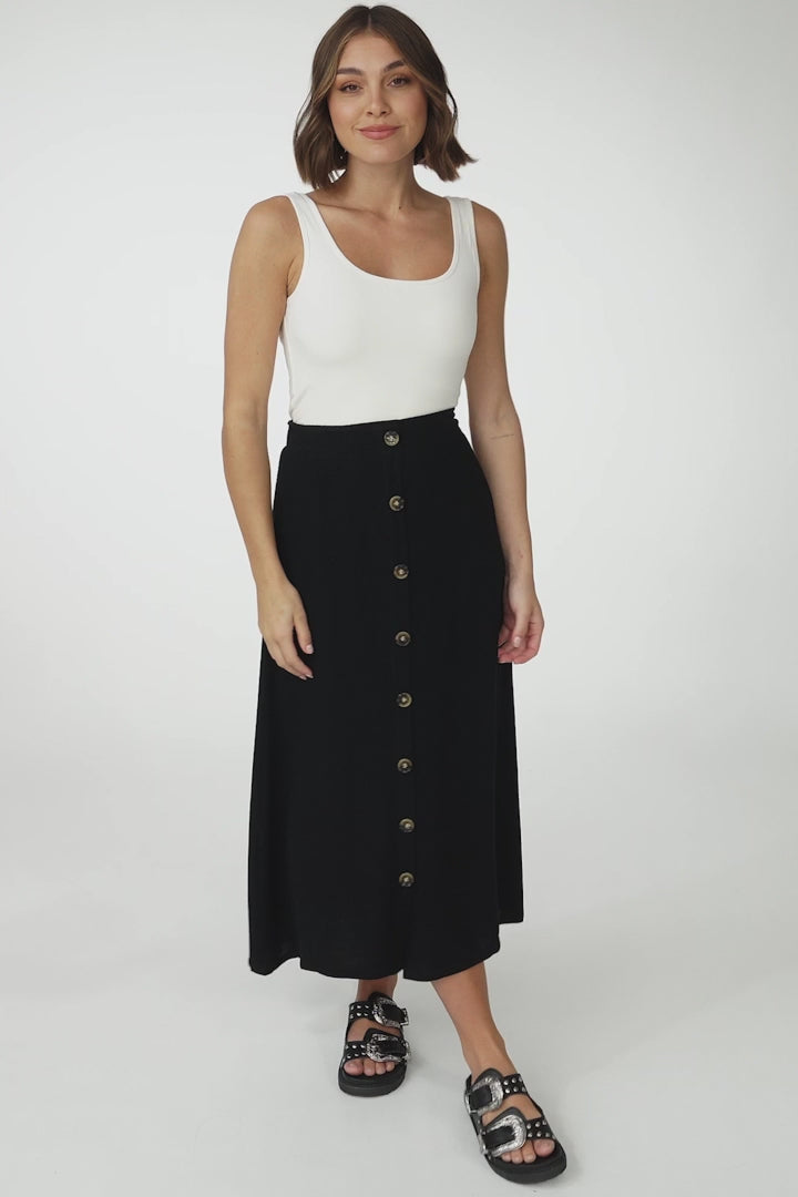 Murphy Midi Skirt - High Waisted Button Decal A-Line Skirt in Black