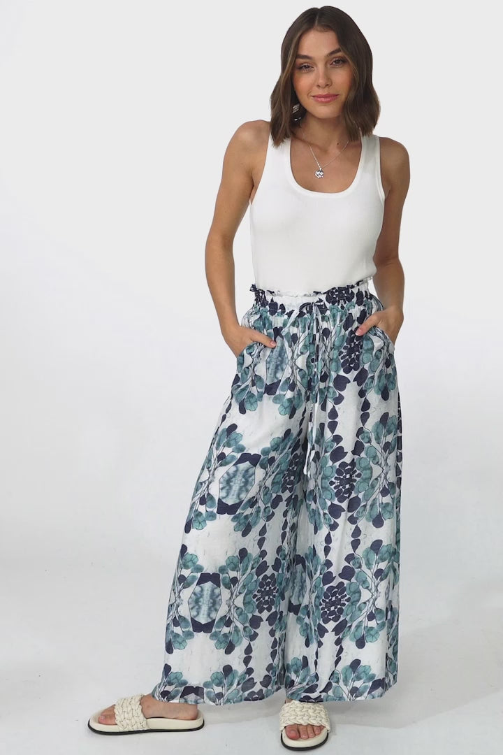 Noah Pants - Elasticated Waist Wide Leg Pant in Calea Print Blue