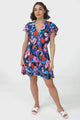 Loisa Mini Dress - Crochet Trim V Neck Dress with Cap Sleeves in Florabelle Print