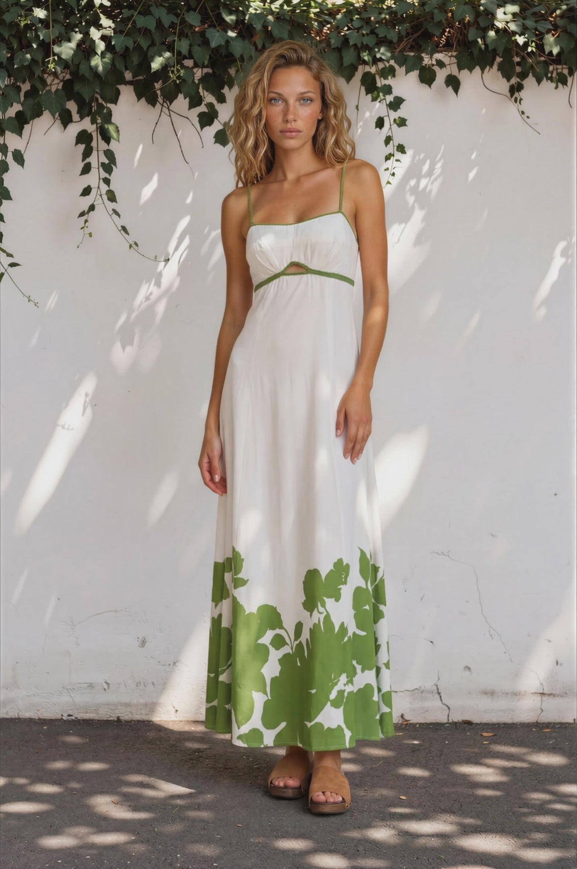 Bria Maxi Dress - Spaghetti Strap A-Line Cut Out Detail Dress in Clover Print
