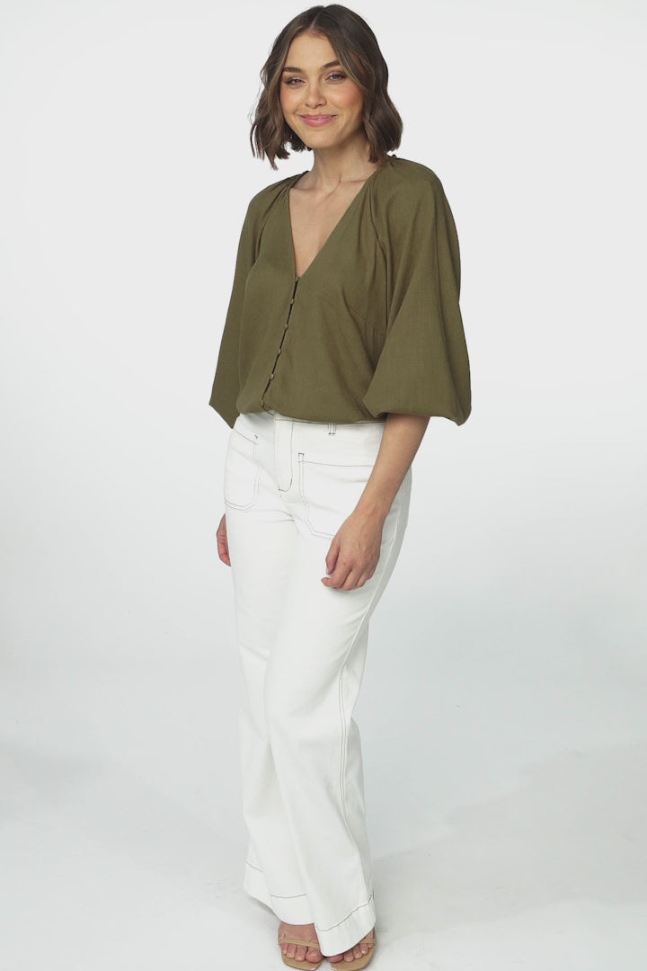 Ingra Blouse - Linen Blend V Neck Button Down Blouse in Olive