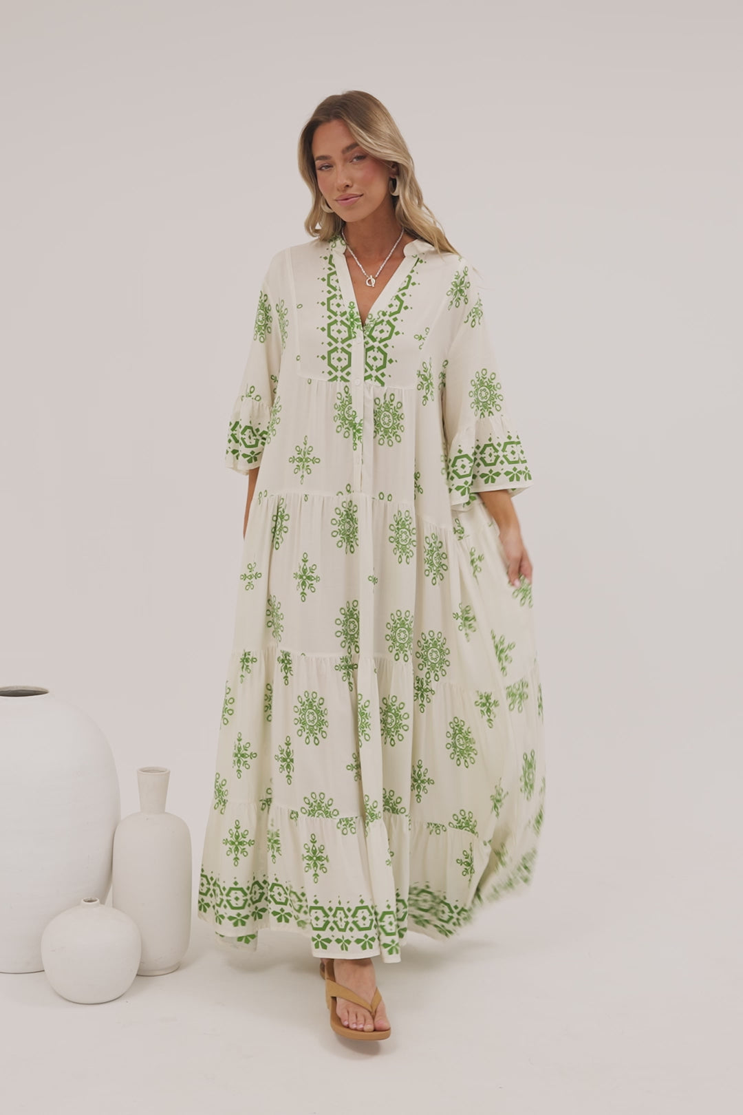 Roux Maxi Dress - Split Neckline Button Placket Tiered Kaftan Dress with Bell Sleeves in Linnea Print Green