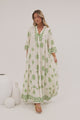 Roux Maxi Dress - Split Neckline Button Placket Tiered Kaftan Dress with Bell Sleeves in Linnea Print Green