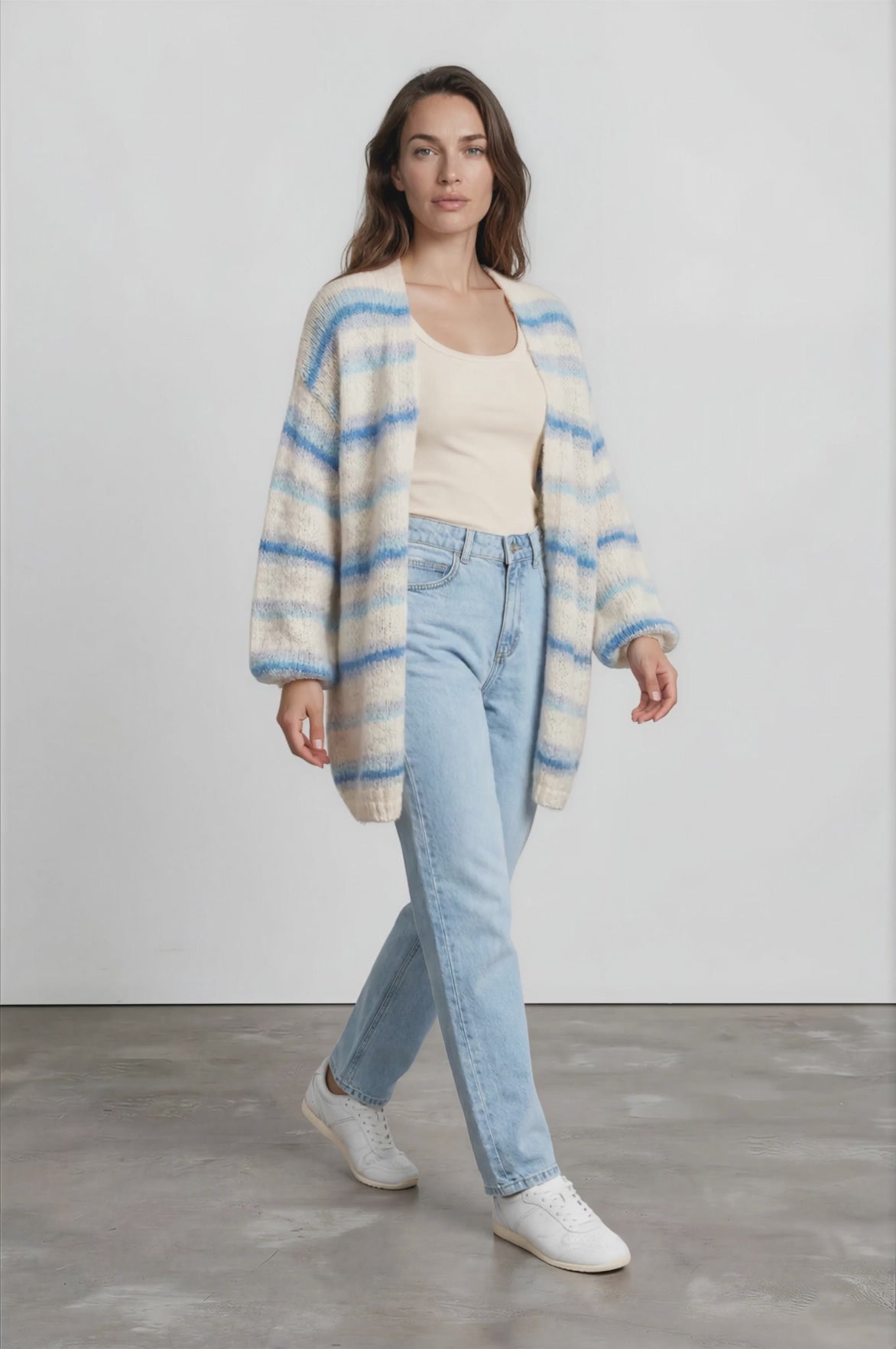 Delaney Cardigan - Open Front Stripe Knit with Pockets in Blue