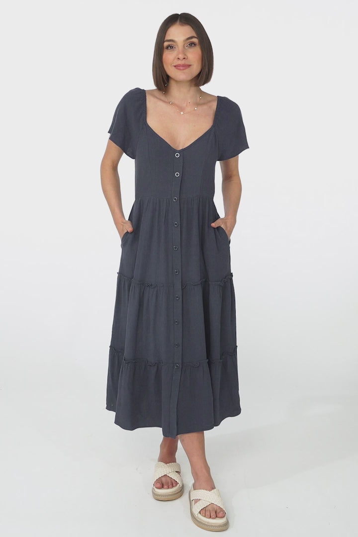 Karina Midi Dress - Button Down Cap Sleeve Tiered Dress in Navy