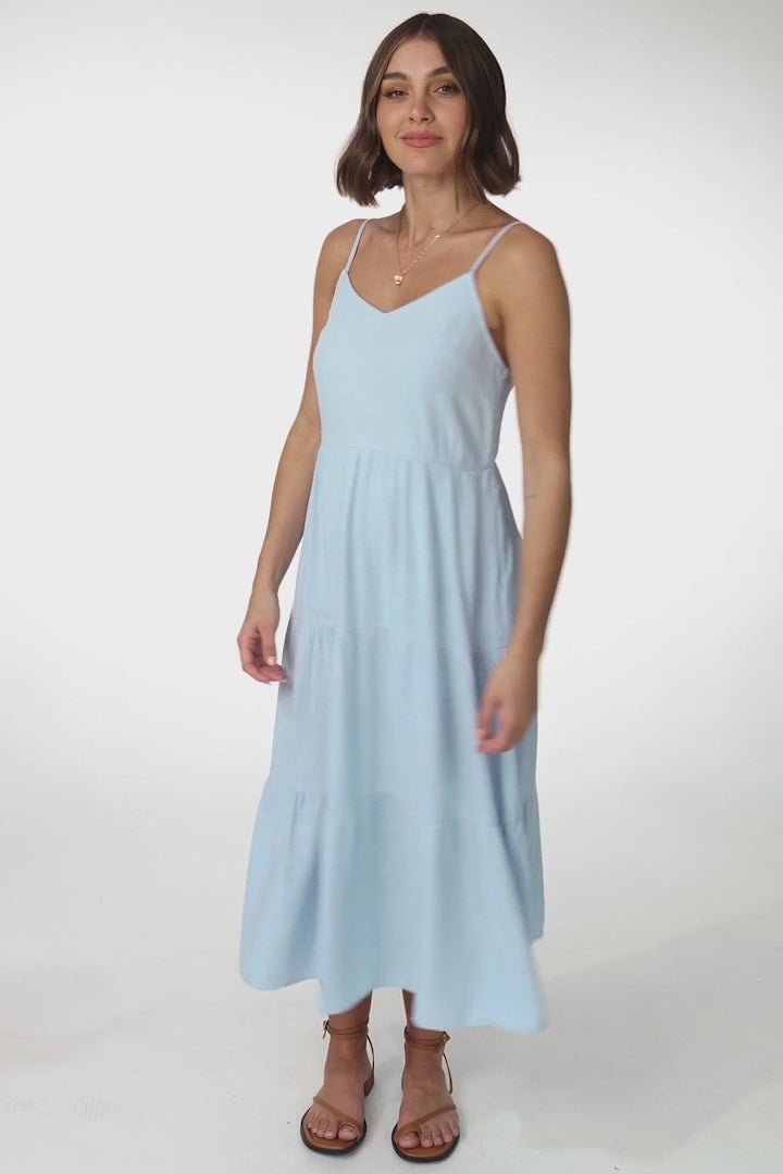 Arlowe Midi Dress - Soft V Neckline Tiered Linen Sun Dress in Blue