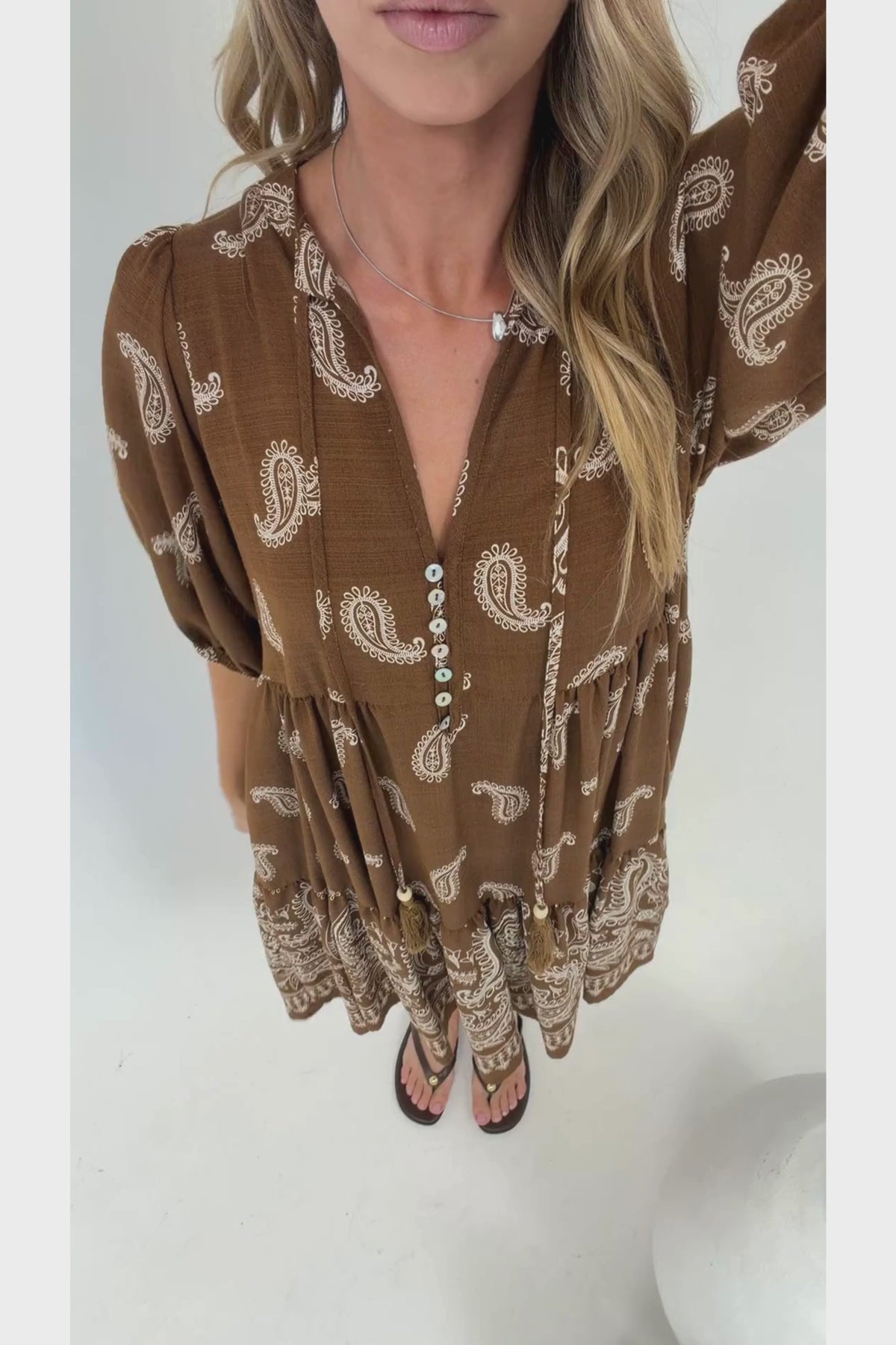 Mirtes Mini Dress - Mandarin Collar Short Sleeve with Tie Smock Dress in Cleo Print Brown