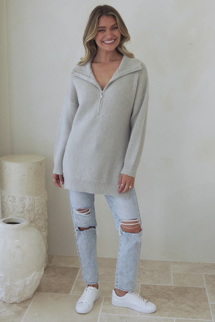 Lorelai Jumper - Chunky Collar with Zipper Detail Long Knit Jumper in Grey