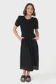 Zoya Midi Dress - Crew Neck Textured A-Line Dress with Short Sleeves in Black