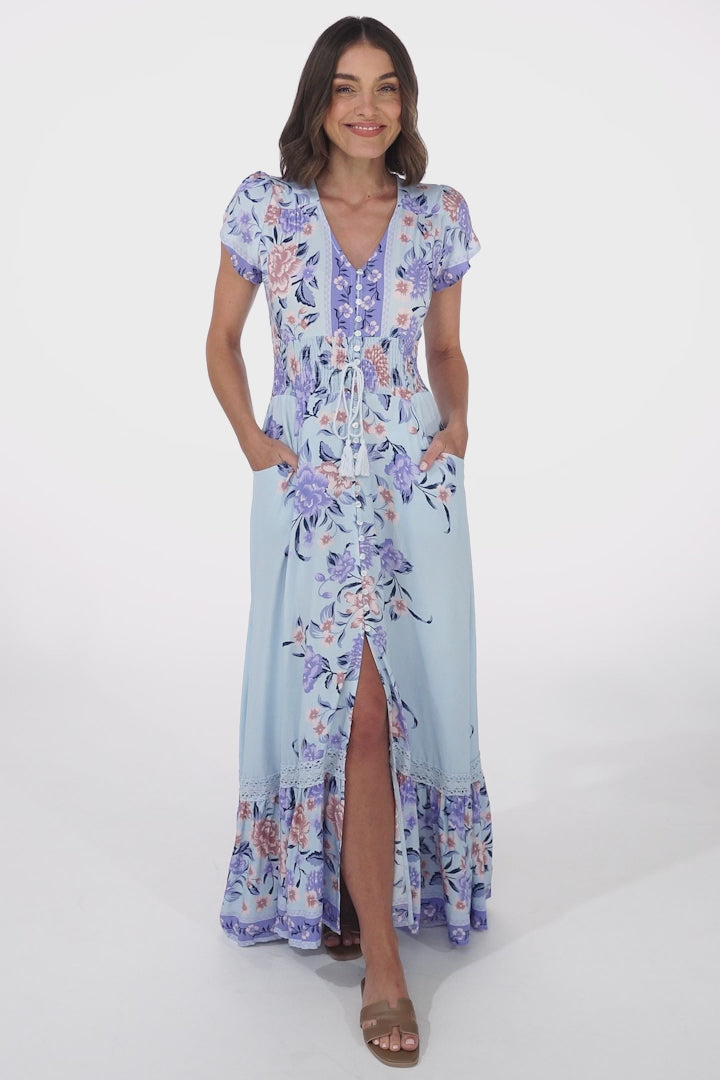 JAASE - Romi Maxi Dress: V Neck Cap Sleeve A-Line Button Through Dress in Heaven Print