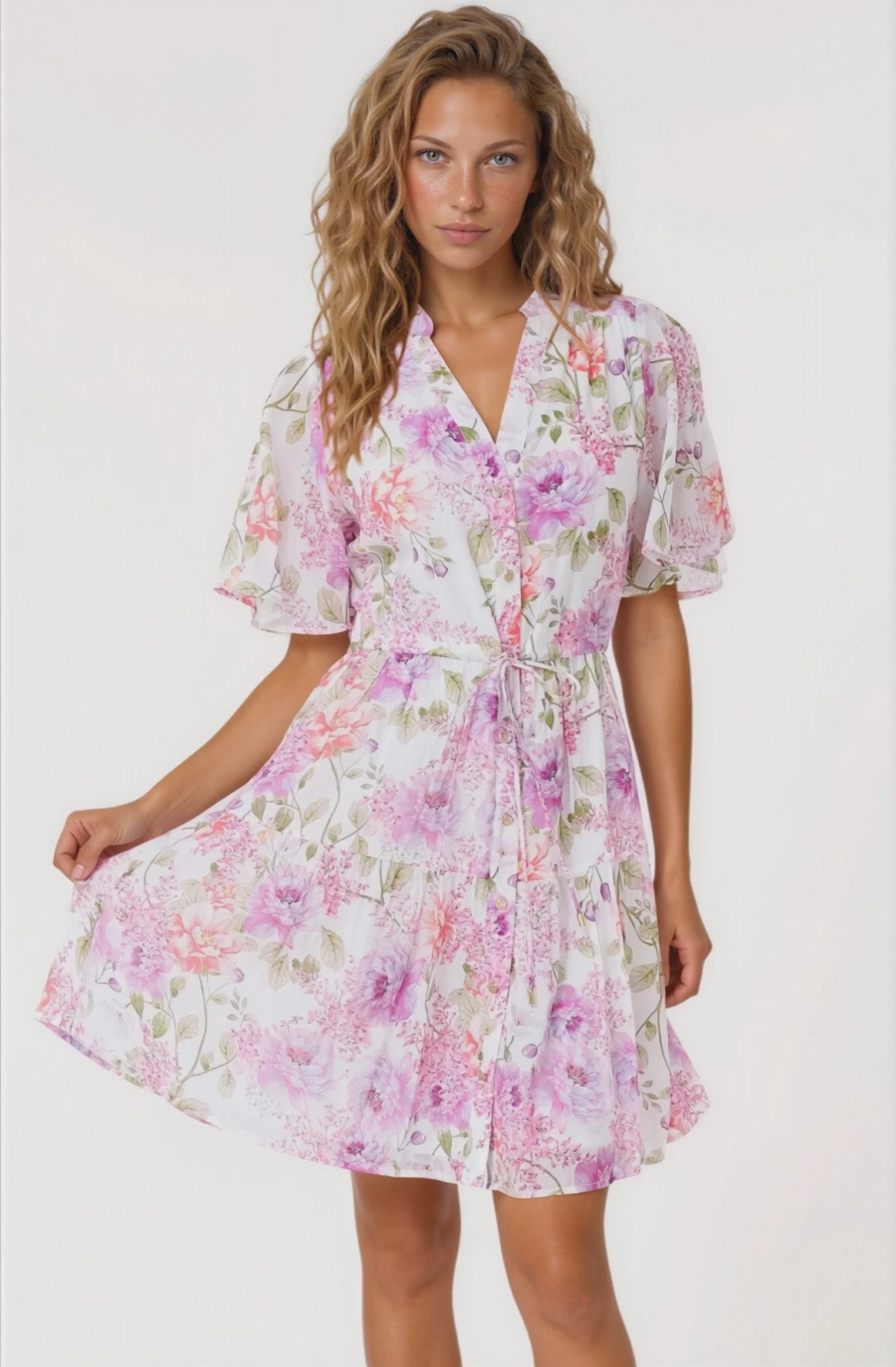 Vesna Mini Dress - Mandarin Collared Flutter Sleeve Shirt Dress with Waist Tie in Honora Print