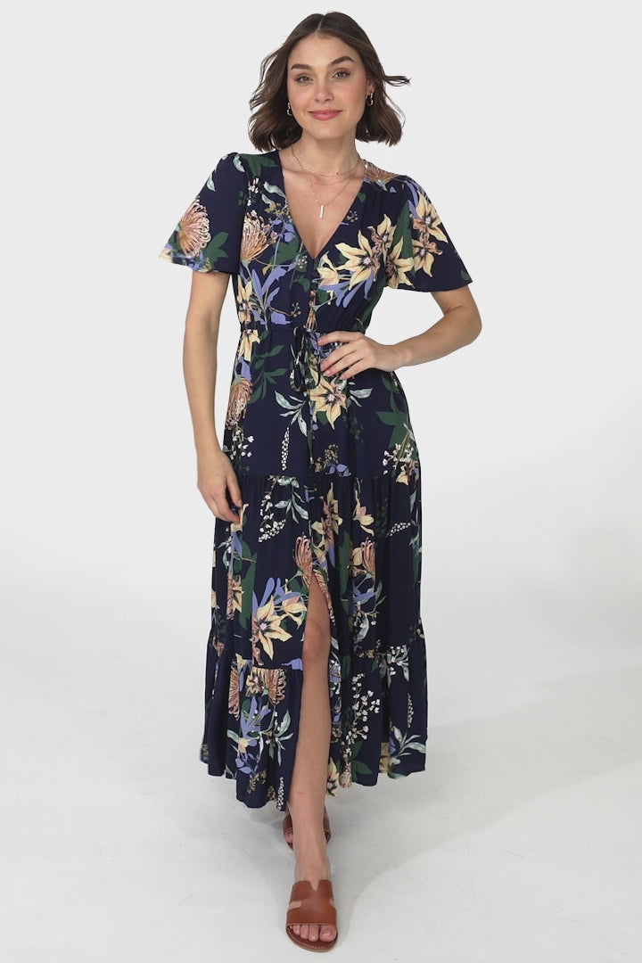 Adhira Maxi Dress - Buttoned Bodice A-Line Dress with Flute Sleeves in Raven Print Navy