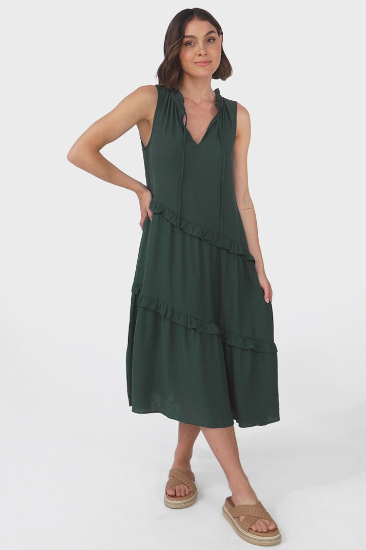 Agnes Midi Dress - Aysmmetric Frill Detailed Sleeveless Smock Dress in Emerald