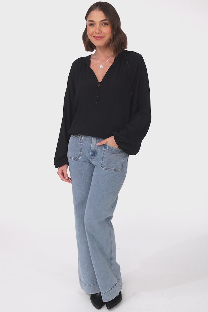 Magah Top - Buttoned Bodice Long Sleeve Slimline Smock Top in Black