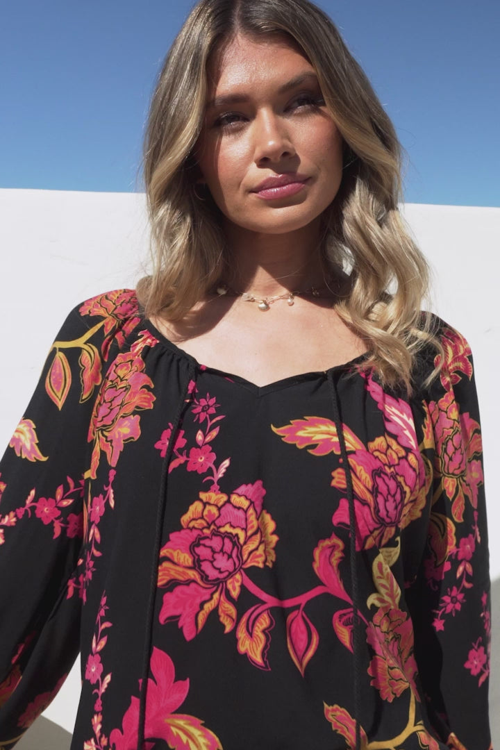 Cora Blouse - Round Neckline with Neck Tie Pull-Over Top in Valerie Print