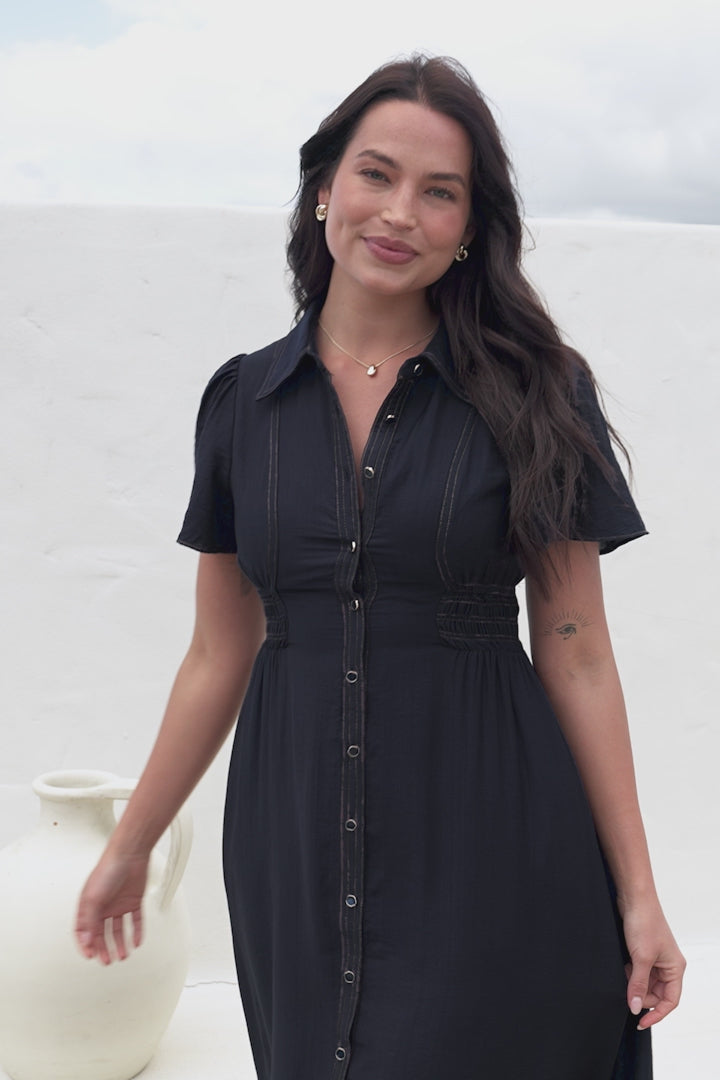 Byella Midi Dress - Collared Button Down Contrast Stitched Dress with Pockets in Navy