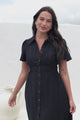 Byella Midi Dress - Collared Button Down Contrast Stitched Dress with Pockets in Navy