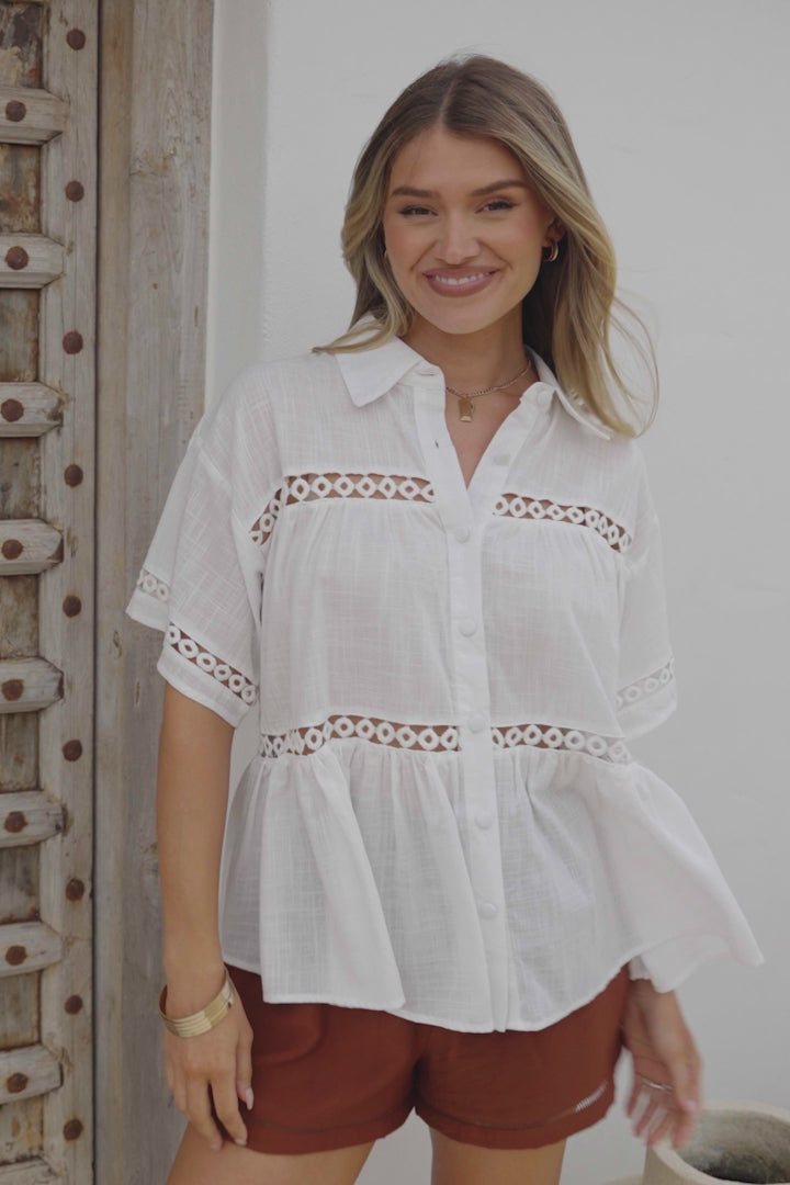 Leyana Shirt - Collared Cut Out Insert Button Down in White