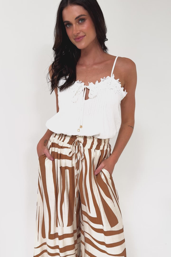 Saturday Pants - High Paperbag Waist Wide Leg Pants with Waist Tie in Tyla Print Tan