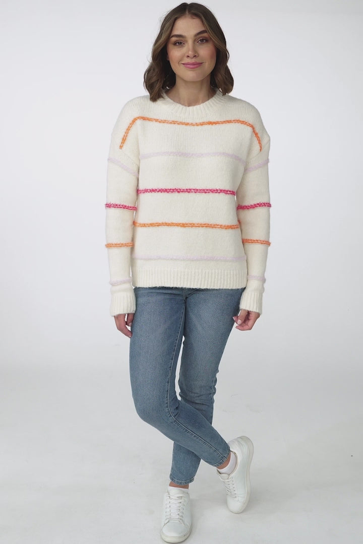 Fletcher Knit Jumper - Crew Neck Multi Colour Stripe Knit in Cream