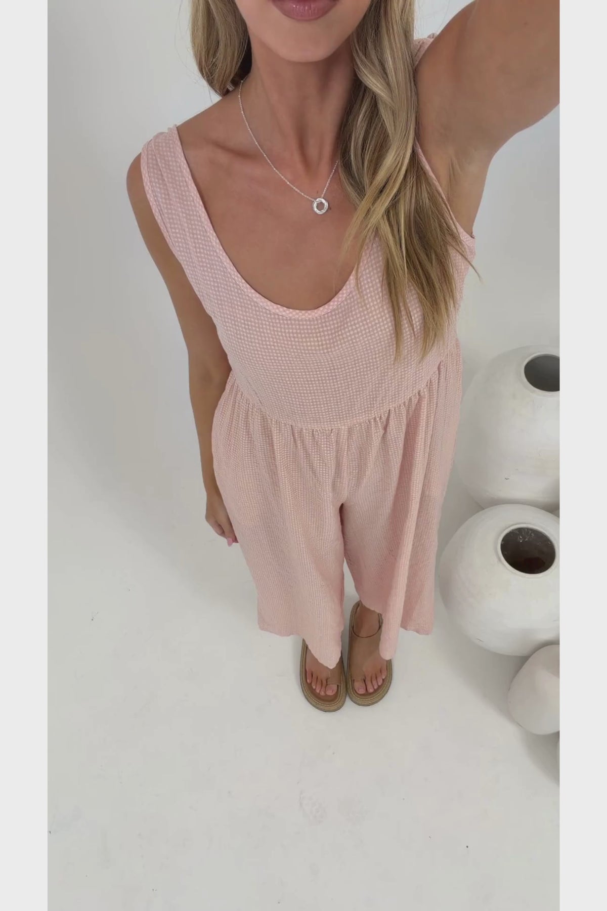 Blossie Jumpsuit - Square Neck Cropped Jumpsuit with Tie Shoulder Straps in Coral Gingham