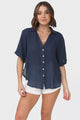 Shelly Shirt - Linen Collared Button Down Shirt in Navy