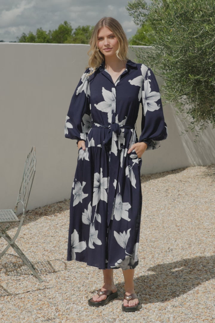 Skandi Midi Dress - Button Down Billow Sleeve Shirt Dress with Waist Tie in Midnight Lily Print