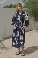 Skandi Midi Dress - Button Down Billow Sleeve Shirt Dress with Waist Tie in Midnight Lily Print