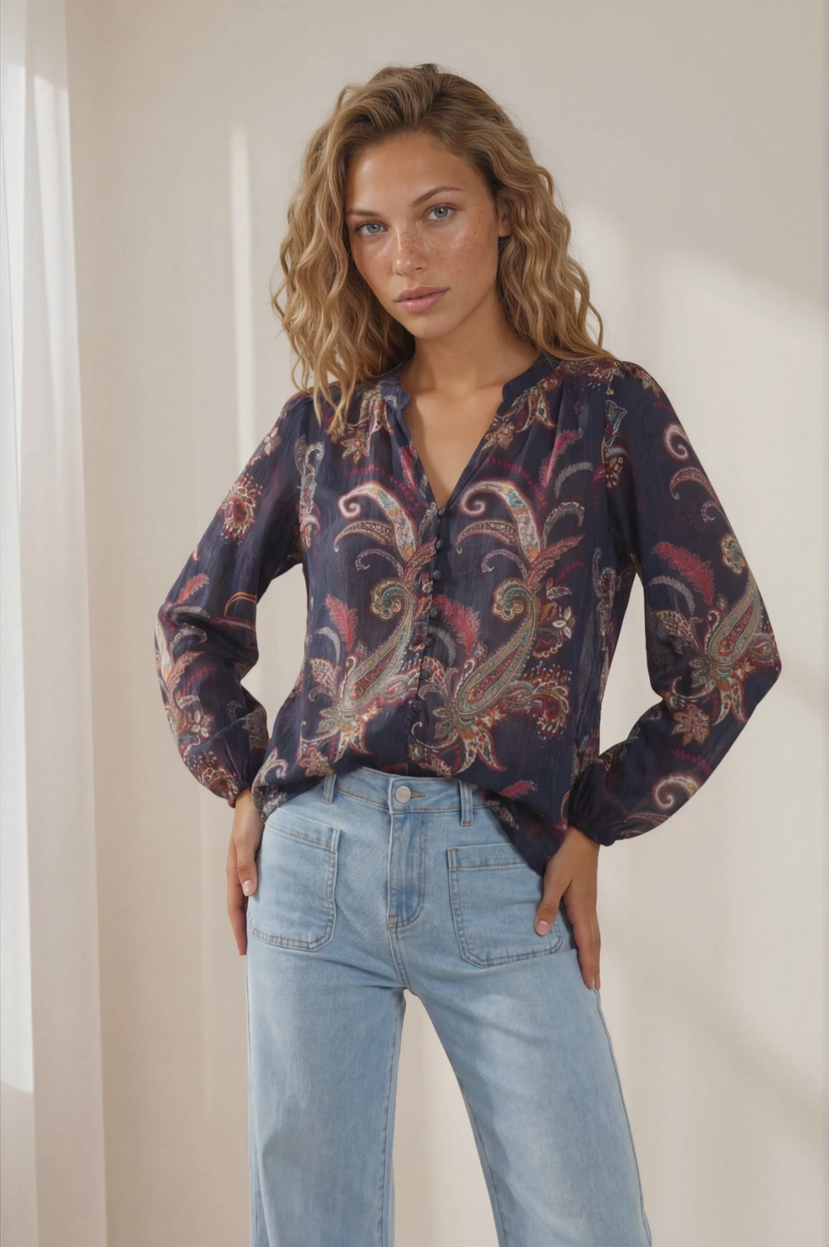 Azalia Blouse - Mandarin Collar Button Down with Balloon Sleeves in Chateau Print