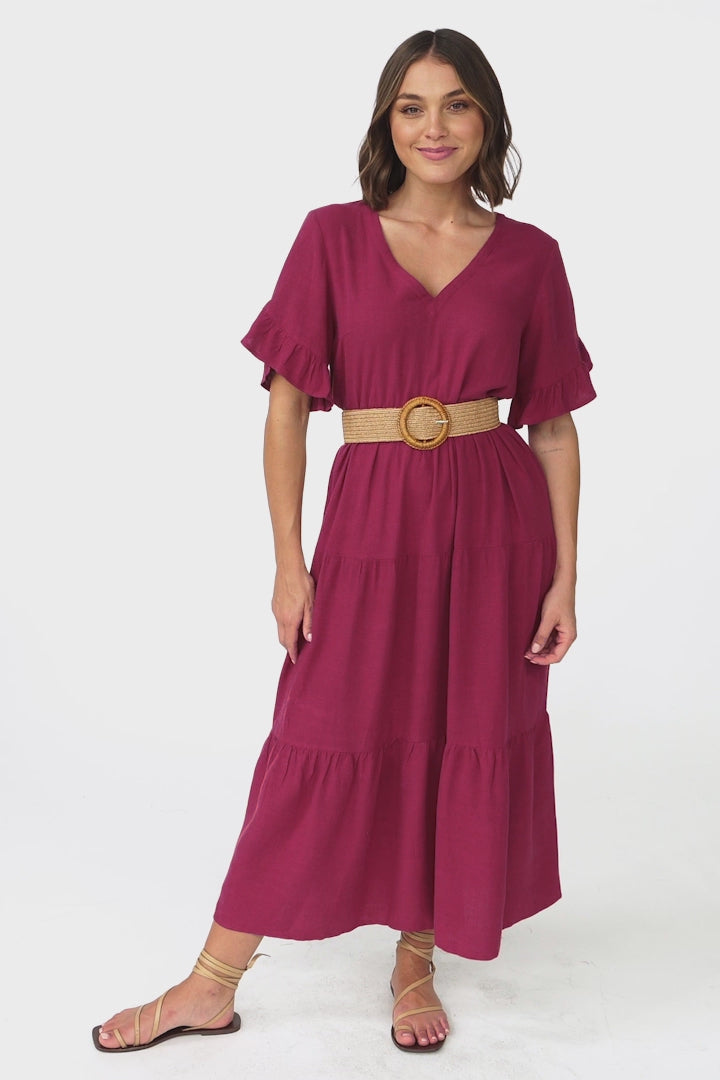 Audrina Midi Dress -  V-Neck Tiered Linen Dress with Pockets in Burgundy