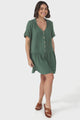 Lucie Mini Dress - Cheesecloth Cotton Shift Dress with Short Buttoned Cuff Sleeves in Green