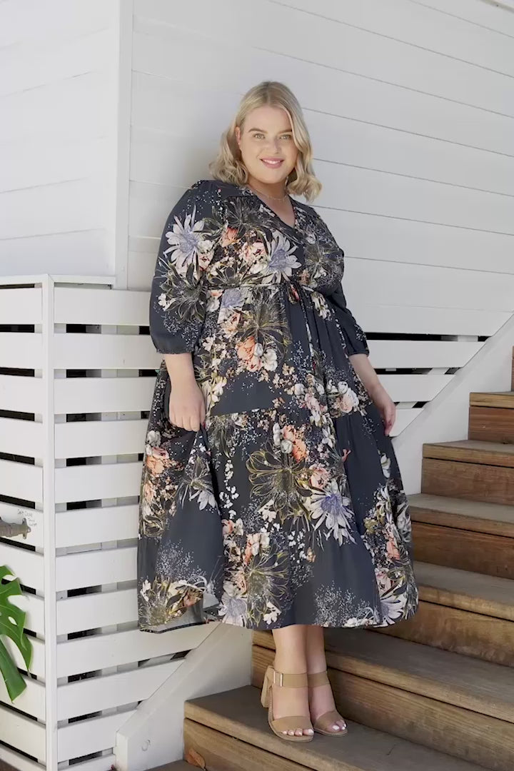 JAASE - Eve Midi Dress: V Neck Tiered Dress with Option Waist Tie in Indigo Print