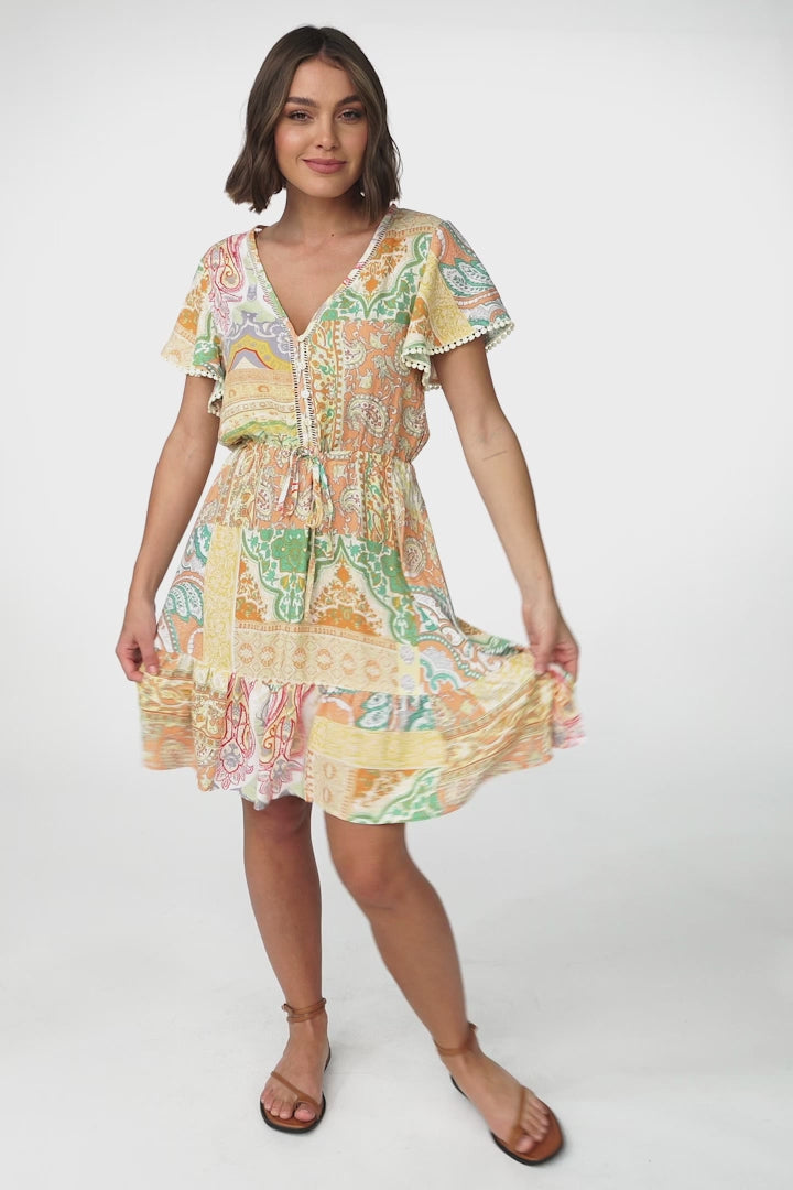 Amanda Mini Dress - Crochet Trim Cap Sleeve Dress with Pull Tie Waist